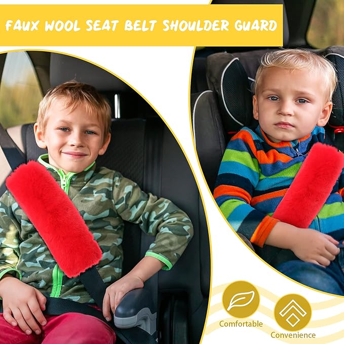 Boao 4 Pack Faux Sheepskin Car Seat Belt Pads Seatbelt Protector Soft Seat Belt Shoulder Strap Cover Comfort Harness Pad(Red, 9.9 Inch)
