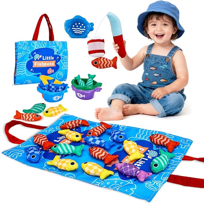 Gacoman Montessori Toys for 1 Year Old Boy Girl Birthday Gift- Cloth Fishing Game for Toddler1-3 for Grandkids with Stacking Cups Learning Educational Toys Baby Toys 12-18 Months
