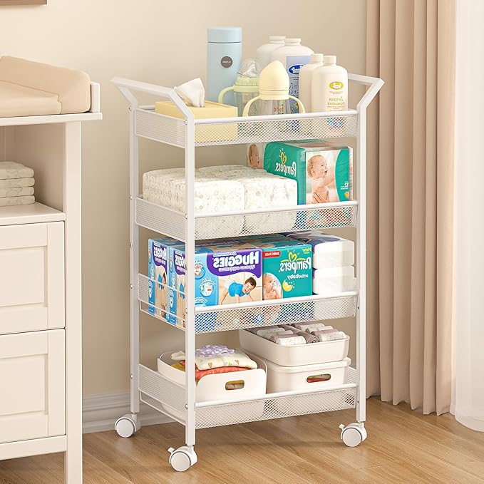 2 Pack Baby Diaper Caddy Cart, 4-Tier Diaper Caddy Organizer and Storage, Rolling Utility Cart for Baby Supplies, Diaper Cart with Wheels for Bedroom, Nursery, Changing Table, White