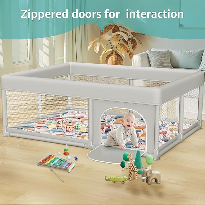 65 x 50 Inch Baby Playpen with Mat, PlayPen for Babies and Toddlers, Sturdy Safety Play Yard for Indoor & Outdoor with Zipper Gates