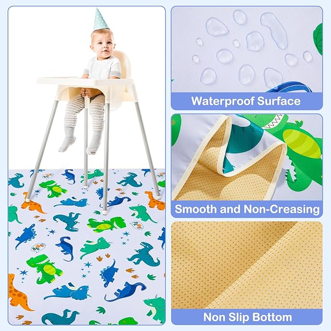 Basumee Splat Mat High Chair Mat Waterproof Baby Play Splat Mat for Under High Chair Food Catcher Highchair Mat for Floor Non Slip Bottom, Green Dinosaur, 46x42 Inches