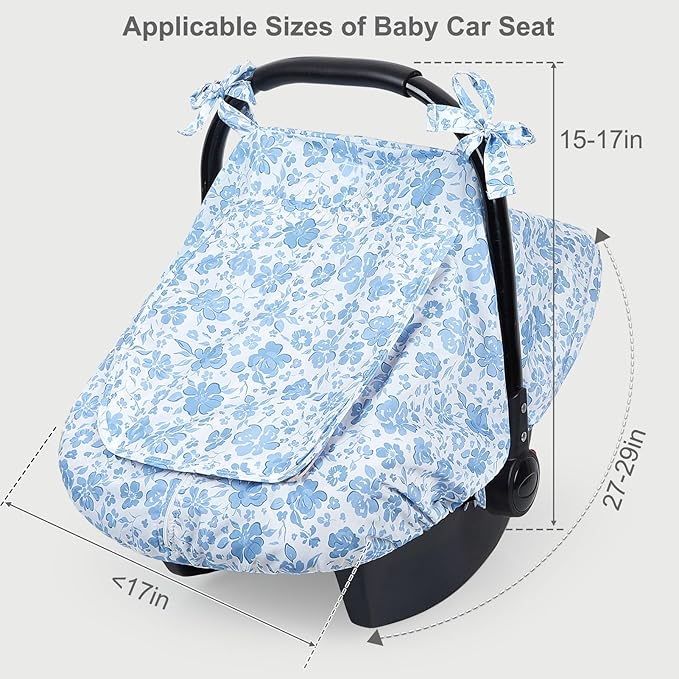 FIOBEE Baby Car Seat Cover, Car Seat Covers for Babies Infant Car Seat Canopy with Breathable Mesh Window Waterproof Carseat Cover for Babies Boy Girl 4 Seasons, Ice Blue Floral