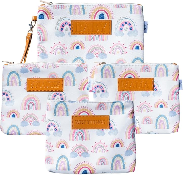 Diaper Bag Organizing Pouches (Set of 4) - Rainbow Organizer With Waterproof Lining - Baby Clutch, Wet Bag, Mama Bag, Snacks Insert