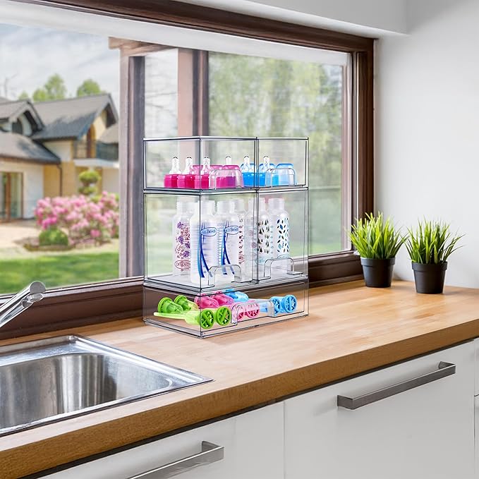 Sorbus Stackable Acrylic Storage Drawers, 4 Pack Clear Plastic Organizer Bins for Baby Bottles, Makeup, Bathroom, Vanity & Countertop Organization, Pull-Out Drawer Design for Cabinets & Pantry