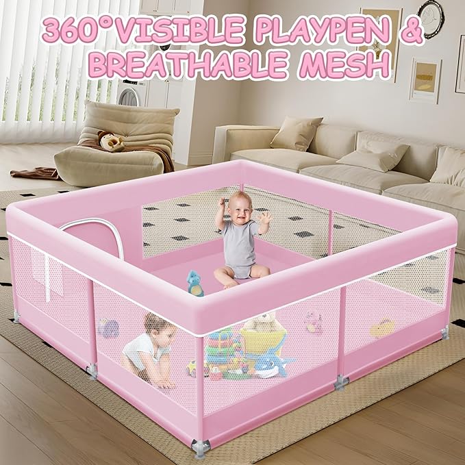 Baby Playpen 50 x 50 Inch Play Pen Playards, Playpen for Babies and Toddlers, Baby Playard for Indoor & Outdoor Active Center Game Fence, with Skin-Friendly Fabric and Soft Breathable Mesh Pink