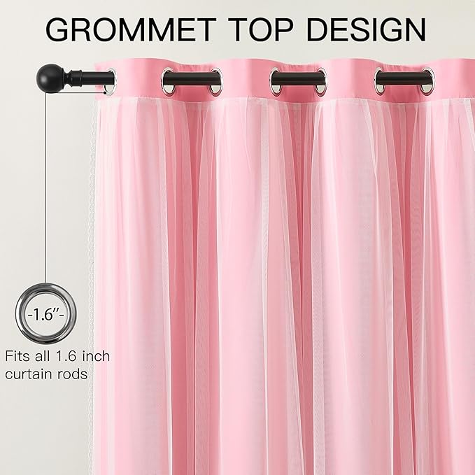 XiDi Pink Blackout Curtains with Sheer Overlay for Girls Kids Bedroom 96 Inches Long Princess Nursery Pink Lace Double Layer Curtains Thermal Insulated Room Darkening Grommet Drapes 2 Panels W34xL96