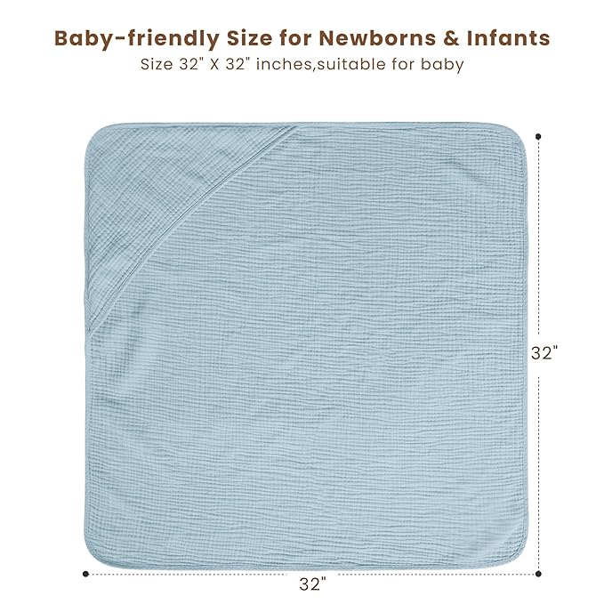 Konssy 2-Pack Muslin Hooded Baby Towels, 100% Cotton, Ultra-Soft & Absorbent Baby Bath Towels with Hood for Newborn & Infant (Blue, Blue Whale, 32" x 32")