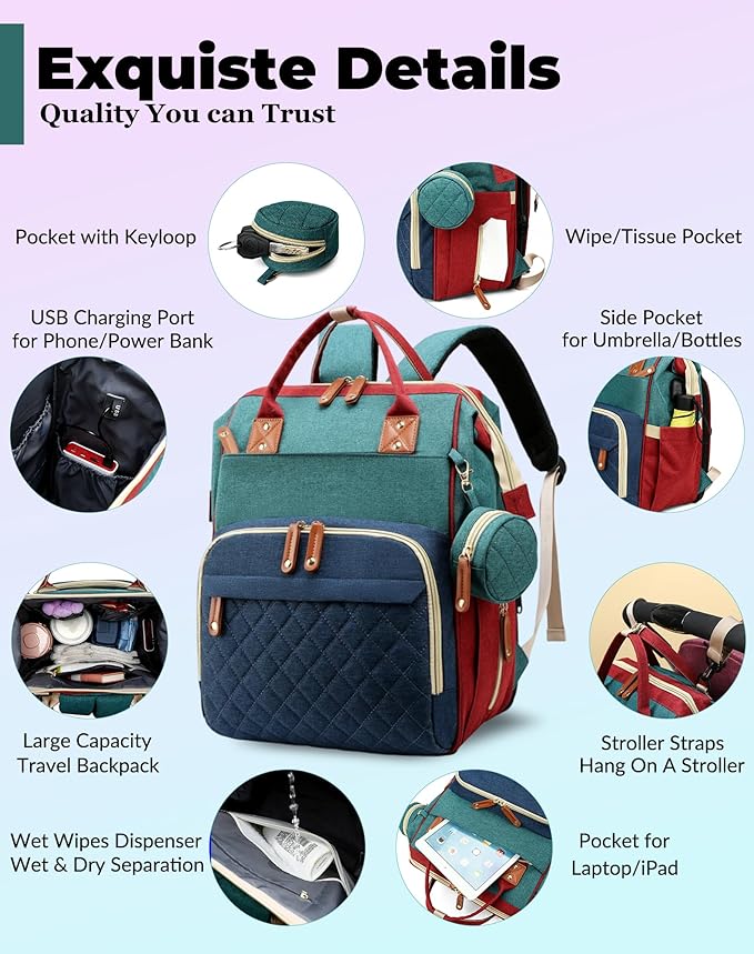 Lamroro Diaper Bag with Changing Station, Waterproof 3 in 1 Diaper Backpack with Foldable Changing Pad, Baby Registry Search &Baby Shower Gifts - Newborn Essentials, Red-Green-Blue