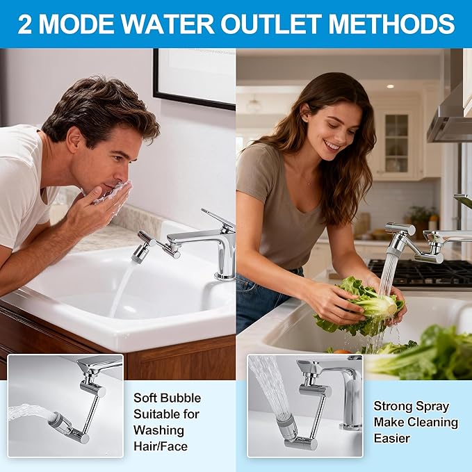 TIDYENDURE 1080° Rotating Faucet Extender, Swivel Faucets Aerator Extension, Universal Faucets Adapter for Kitchen & Bathroom Sinks Features 2 Water Flow Modes Faucet with Built-in Filter Function