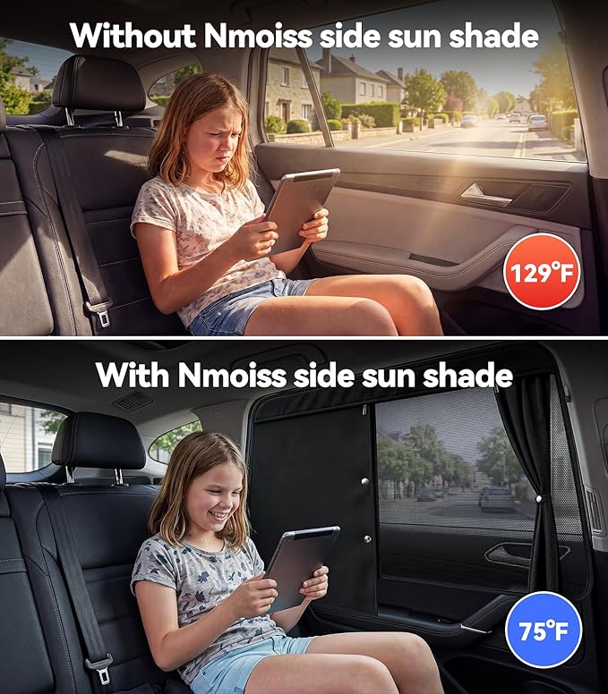 Nmoiss [2026 Upgraded] Car Window Shades for Baby [Blocks 100% UV & Harsh Sunlight] (2 Pack) Double Layer Side Window Curtains Roll Windows Down Privacy Full Covers/Half Shade Options Medium
