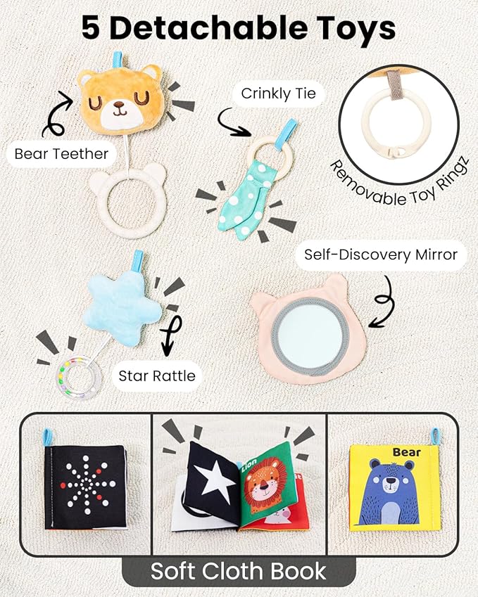 Beavtaens Baby Play Gym, Thickened and Non Slip Activity Mat, 5 Developmental Zones Tummy Time Mat with 5 Detachable Sensory Toys for Motor Skills, Baby Essentials Shower Gift Box(Bear)