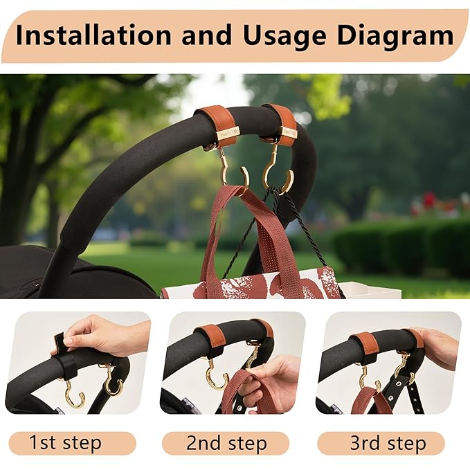 2 Pack Stroller Hooks,Strong Synthetic Leather Hook-and-Loop Fastener&High-Quality Metal Hooks,Universal Bag Clip|360° Rotation, 66lb Capacity,Non-Slip-Fits Wheelchair(Black-Silver)
