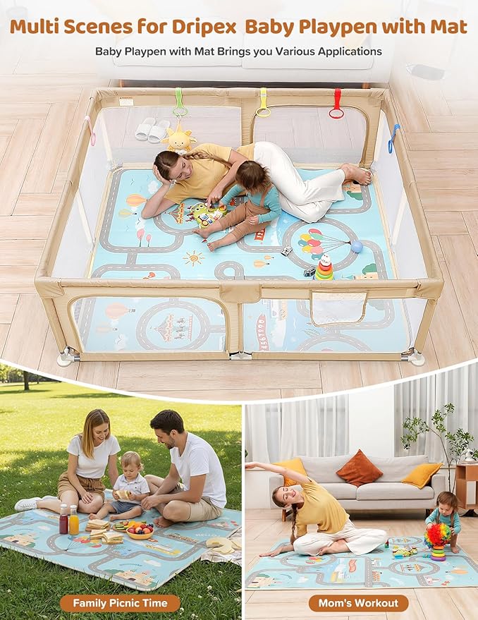 Dripex Baby Playpen with Mat, 71"x59" Play Pen for Toddlers 1-3 Years, Soft Breathable Visible Mesh, Indoor/Outdoor Portable Play Yard with Mat, Safe Baby Fence Play Area, Beige