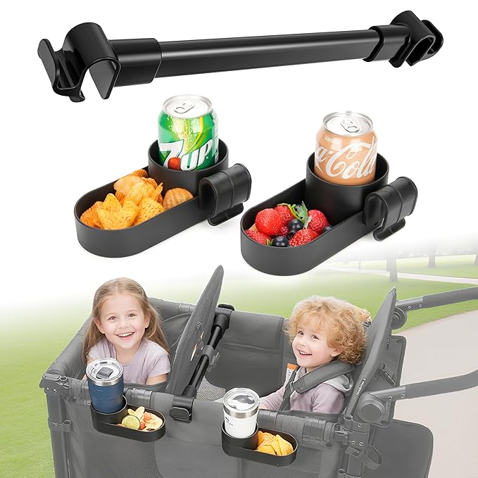 Forward-Facing Support Bar + 2-Pack Stroller Wagon Snack Tray with Spill-Proof Cup Holders - Wonderfold Accessories Compatible with WONDERFOLD W2 Elite/Luxe 2-Seater Wagons, Detachable & Easy Install