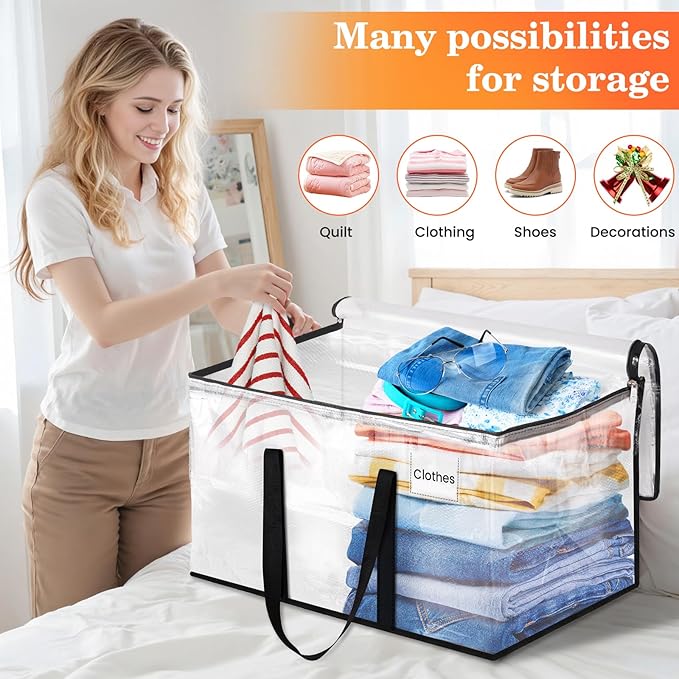 Extra Large Heavy Duty Moving Bags, Storage Bags with Strong Zippers & Handles, Packing Bags for Moving Essentials, Ideal Storage Tote for Home, Dorm & Storage Solutions, 93L, 6 Packs, Clear