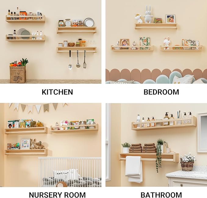 Heimlove 32 Inch Nursery Floating Shelves, Solid Wood Nursery Book Shelves for Wall, Mounted Bookshelf for Toddler Room, Baby Room, Wall Shelves for Books,Toys and Decor Storage, Set of 2