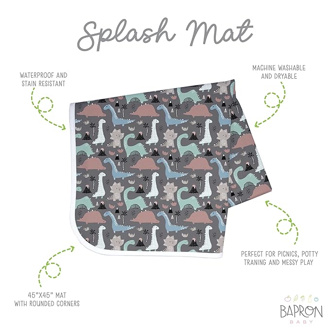 BapronBaby Dinosaur Drawing Splash Mat - Waterproof Catch-All for Under High Chairs, Floors, Tables, Playtime or Arts & Crafts - Machine Washable - 45" x 45”