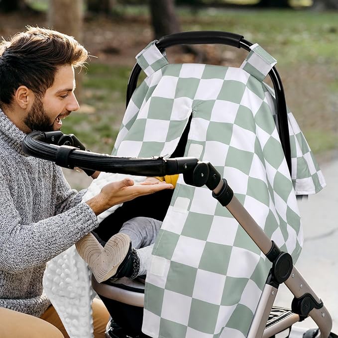 DILIMI Baby Car Seat Cover, Minky Warm Winter Car Seat Covers for Babies, Peekaboo Opening Infant Car Seat Cover, Nursing Cover Carseat Canopy, Green Checkered