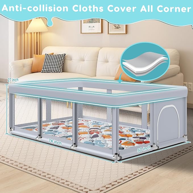 Fshibila 74" ×50" Large Baby Playpen, Baby Playard for Babies and Toddlers, Play Pens for Indoor & Outdoor, Sturdy Safety Play Yard with Soft Breathable Mesh, Anti-Fall, Grey (with MAT)