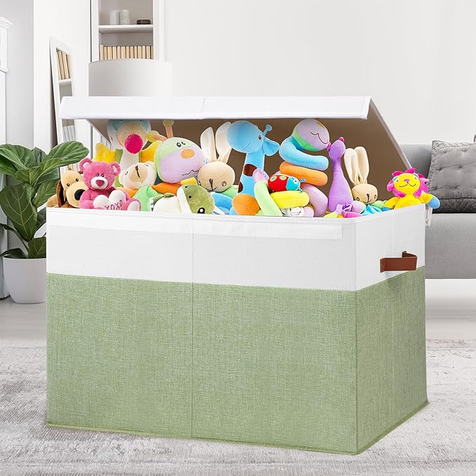 Gowee Large Toy Storage Box with Lid, Sturdy Toys Storage Chest Bin Organizer Basket with Dividers for Kids, Boys, Girls, Nursery, Closet, Bedroom, Playroom 26"x17" x17" (Green and White)