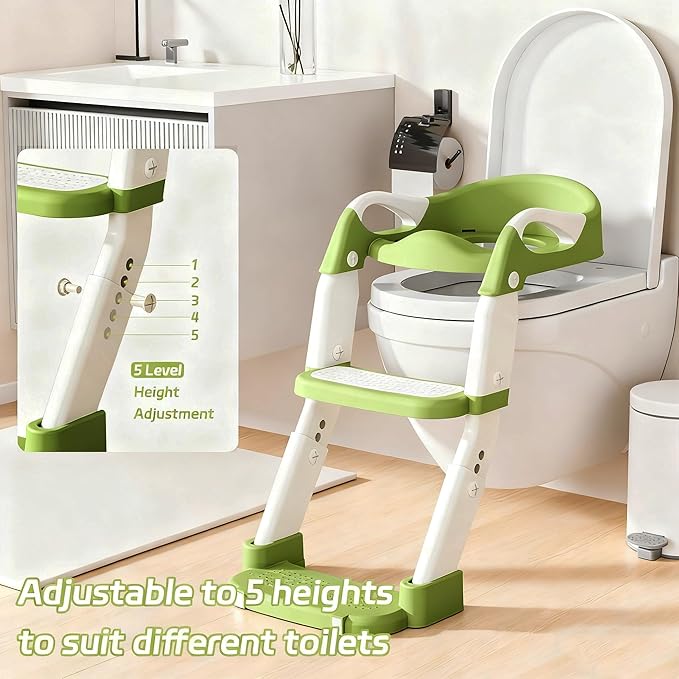 Snugzy Toddler Potty Training Seat 3-in-1 Foldable Potty Training Toilet with Step Stool Adjustable Potty Chair with Urinals (Green)