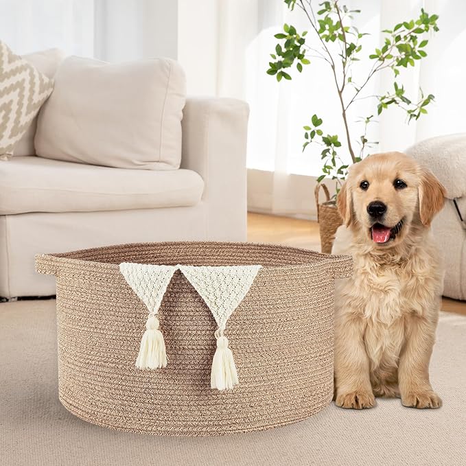 OIAHOMY 90L Blanket Basket for Living Room, Large Basket 23" x 23" x 13" with Handle, Laundry Hamper for Blankets, Pillows, Toy Storage for Kids, Dogs - Brown