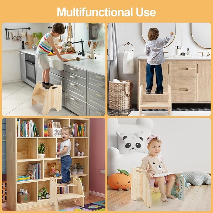 comfoyar Wooden Toddler Step Stool, 2 Step Stool for Kids with Handles and Anti Slip Pad, Convertible Back Chair, Height Adjustable Potty Training Helper Stool for Bathroom Sink, Bedroom