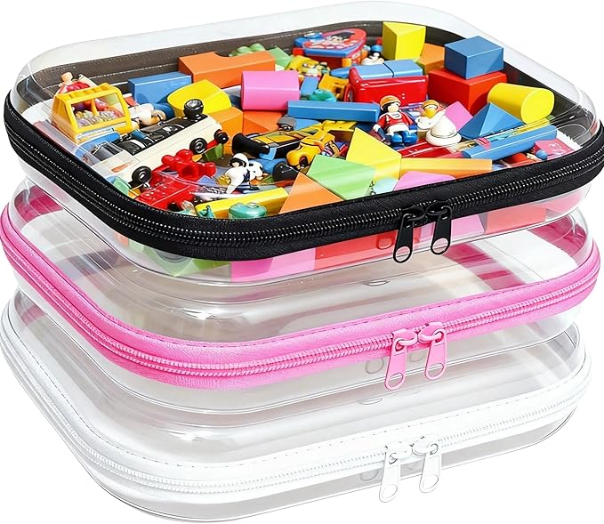 3PCS Clear Hard Plastic Zipper Case, Double Zippers Hard Pouch, Portable Travel Organizer Bin Clear Makeup Bag for Toy Storage, Snack Bag,Cosmetics, Diaper Bag,Toiletry Bag (3PCS-M-Mixed)