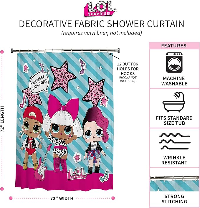 Franco Kids Bathroom Decorative Fabric Shower Curtain, 72 in x 72 in, L.O.L. Surprise!