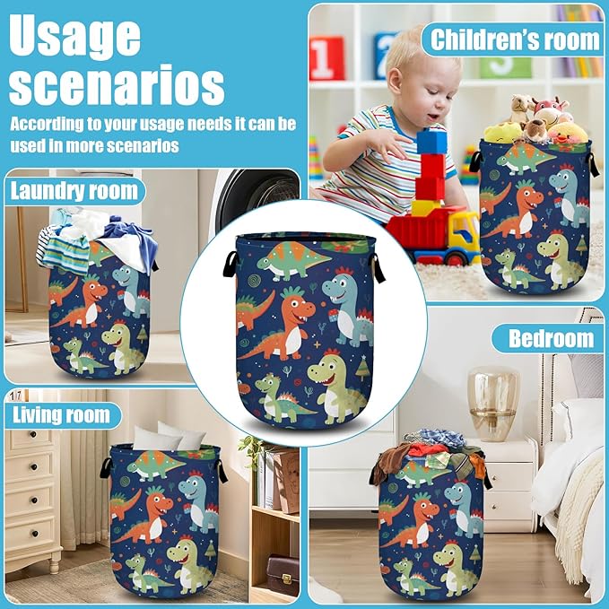 Cute Cartoon Dinosaurs Laundry Basket, Christmas Laundry Hamper Collapsible Oxford Cloth with Handle Clothes Toy Storage Bin for Bathroom Laundry Room Bedroom 15.7 X 20 Inch