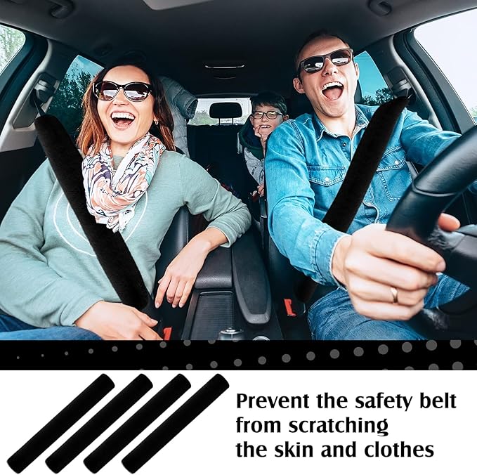 Boao 4 Pack Faux Sheepskin Car Seat Belt Pads Seatbelt Protector Soft Seat Belt Shoulder Strap Cover Comfort Harness Pad(Black, 25.5 Inch)