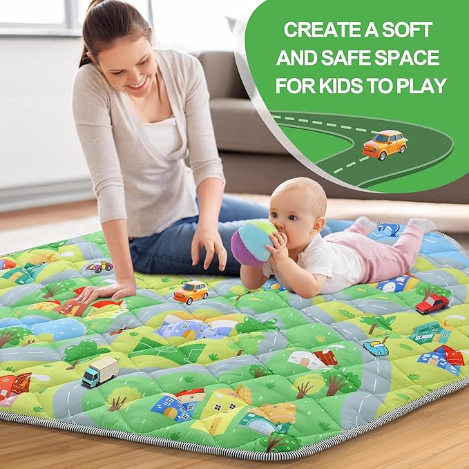 HOMBYS Hexagon Playpen Mat, 52x45 Thicken Soft Playpen Mat Fits Hexagon Portable Play Yard & Playpen, Washable Baby Play Mat Non-Slip Mat for Toddler Kids Crawling & Play, (Road & Car Pattern)