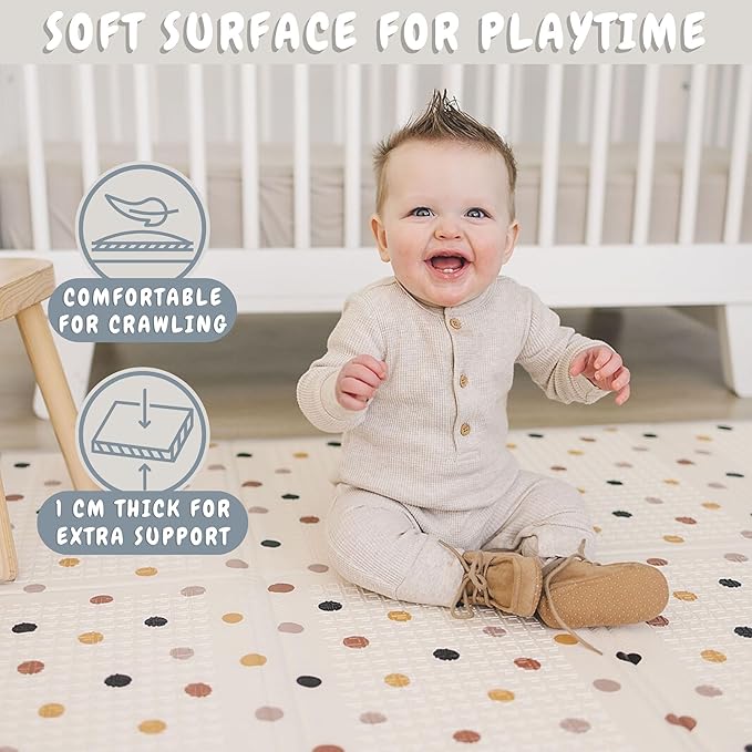 Bubba Bear Baby Play Mat, Thick Foam with Pattern Design, Foldable Waterproof Padded Crawling Mat for Babies (Beige Stars, 47 x 35 Inches)