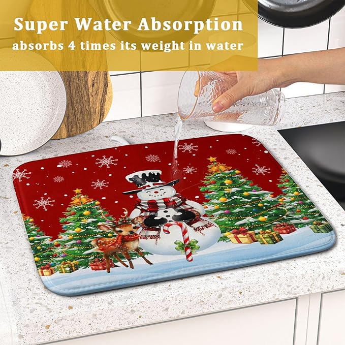 Christmas Snowman Dish Drying Mat for Kitchen Counter,Christmas Tree Winter Snowflake Red Drying Mat 16 x 18 Inch with High Absorbent Reversible Microfiber Dish Drying Pad Drainer Mat for Coffee Bar