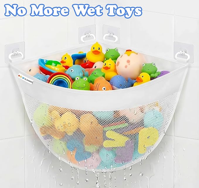 Bath Toy Holder Corner, Kids Bath Toy Net for Tub, Bathtub Holder Basket, Storage Bin Hammock Organizer, Shower Caddy Hanging Mesh Bag, Baby Bathroom Storage with 6 Adhesive Wall Hooks