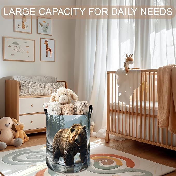 Bear Laundry Basket Hamper 19.7"x15.8", Wild Grizzly Animal Foldable Waterproof Oxford Clothes Storage Bucket for Room Bathroom Bedroom Nursery Decor, Toy Organizer Bins Gifts for Kids Boys Girls