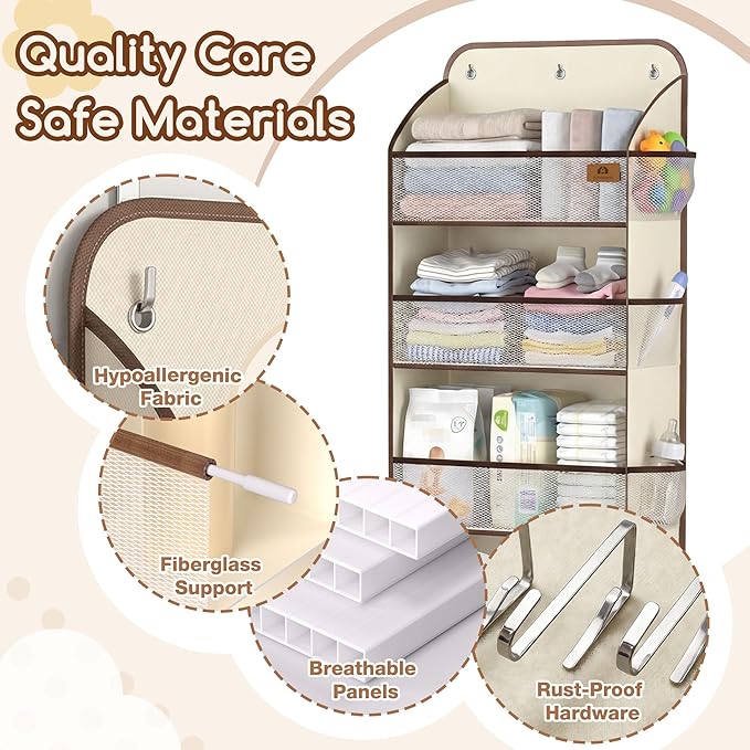 Baby Nursery Over The Door Organizer – 5-Tier 10 Pocket Hanging Storage with Removable Diaper Caddy & 3 Sturdy Hooks, 55LBS Capacity Baby Essentials Holder for Bathroom Bedroom Closet, Beige