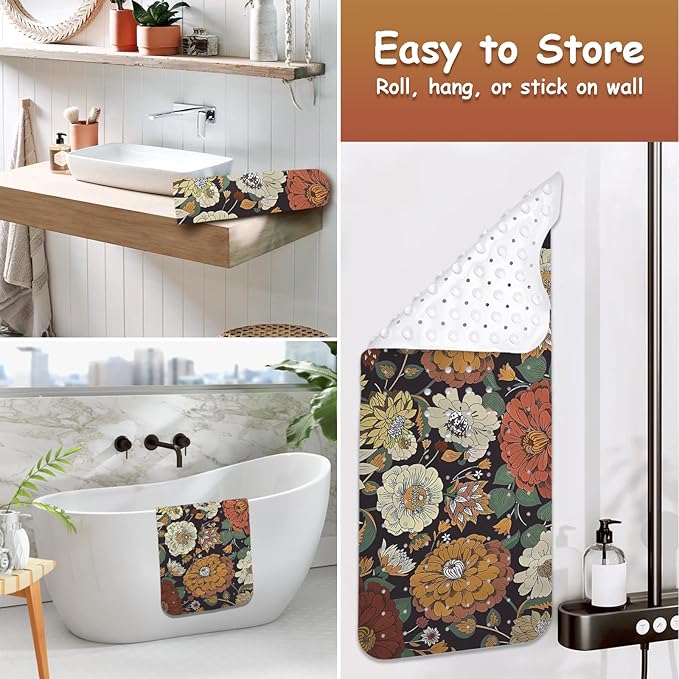 Non Slip Bathtub Mat, Bohemian Flower Bath Mat for Tub, Extra Long Bathtub Mat Shower Mat with Suction Cups and Drain Holes for Elderly Kids Toddler Baby 40 X 16 Inch