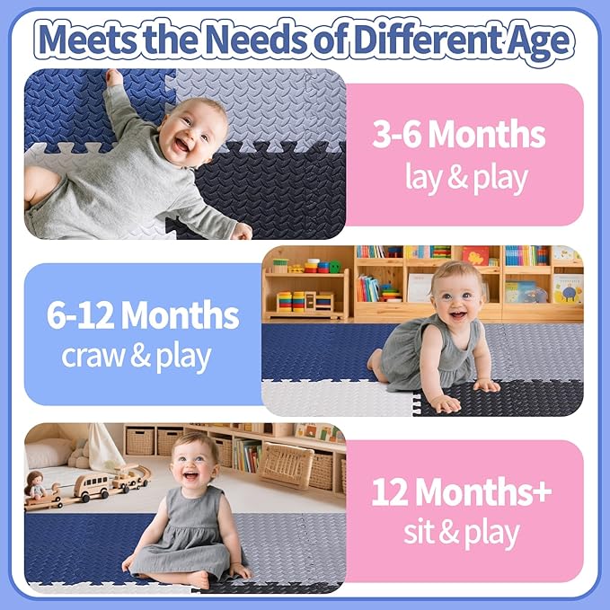 Coolcandy Baby Foam Play Mat 16Pcs with Edge Strips, 4 Colors Interlocking Floor Tiles, 0.4″ Thickened Non-Slip Puzzle Floor Mat for Infants Toddlers Playroom & Daycare