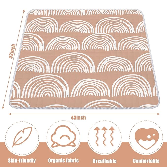 Funtery 43 x 43 Inch Boho Baby Play Mat Portable Crawling Washable Foldable Tummy Time Non Slip Baby Floor Large Playpen Mat for Infants Toddlers Floor Playpen Activity(Fresh Rainbow)
