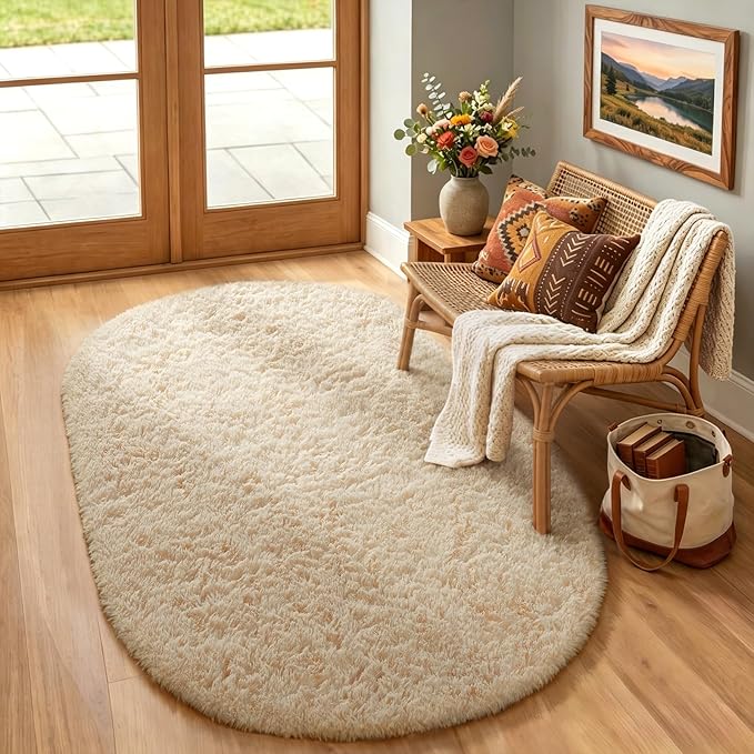 Ophanie 3x5 Beige Oval Rugs for Bedroom Living Room, Small Fluffy Fuzzy Carpet, Plush Soft Shaggy Bedside Indoor Floor Area Rug for Kids Girls Boys Baby Teen Dorm College Nursery Home Decor Aesthetic