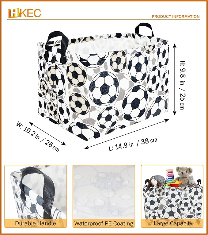 HKEC Rectangle Storage Basket with Handles,Collapsible Storage Bin, Gift Basket, Books Box, Room Decor(Soccer)