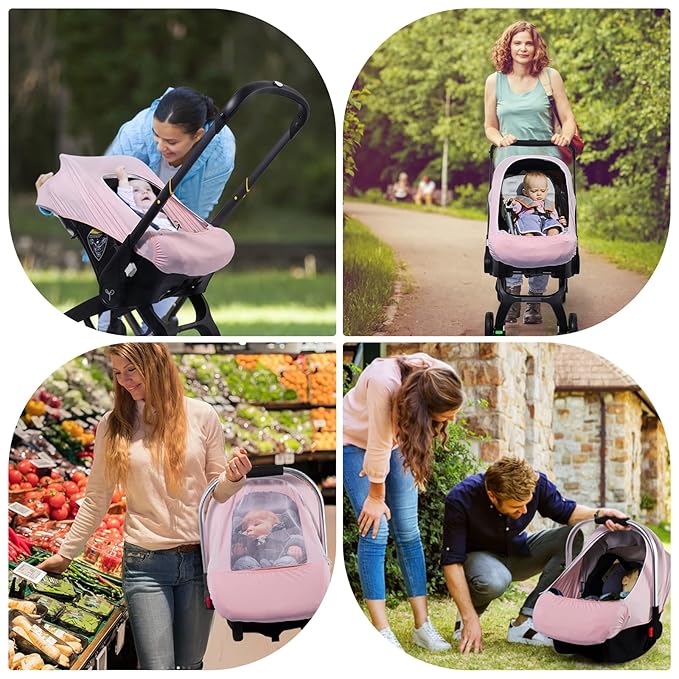 Baby Car Seat Cover, Original Carseat Covers with Adjustable Breathable Mesh Window & Pocket, Stretchy Infant Car Seat Canopy for Girls Boys, Kick-Proof Stroller Cover for All Seasons