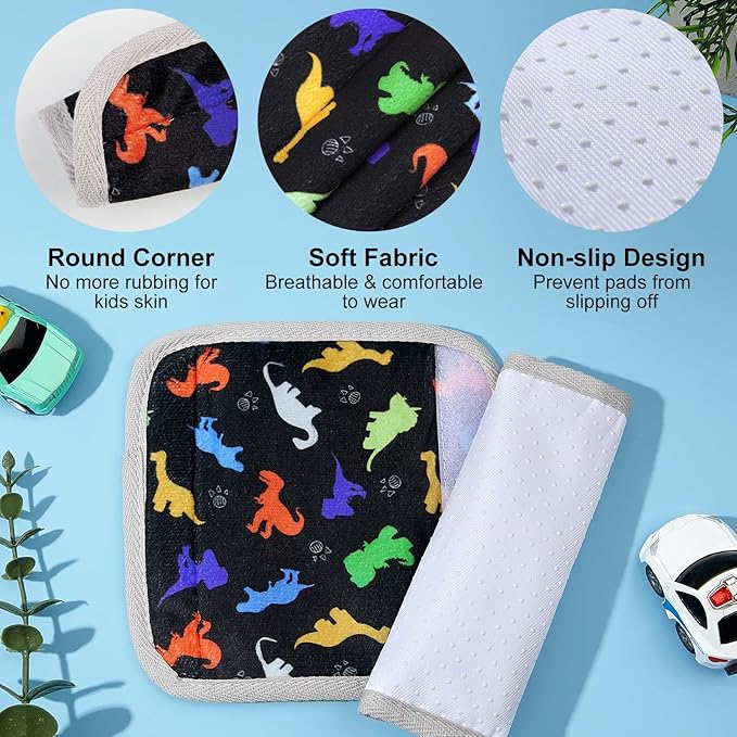 Seat Belt Cover Pad for Baby, Soft Seatbelt Cushion Covers for Kids 2Pcs Car Seat Strap Shoulder Pads for All Car Seats, Stroller, High Chair, Black Dinosaur