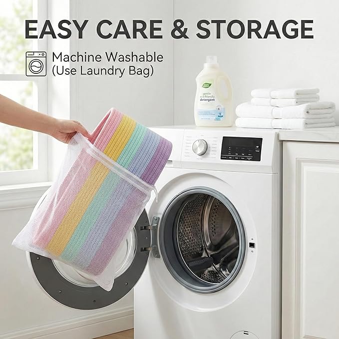 65L Extra Large Blanket Basket for Living Room - Woven Cotton Rope Laundry Hamper with Reinforced Handles - Storage Bin for Pillows, Comforters & Toys - Machine Washable,Rainbow
