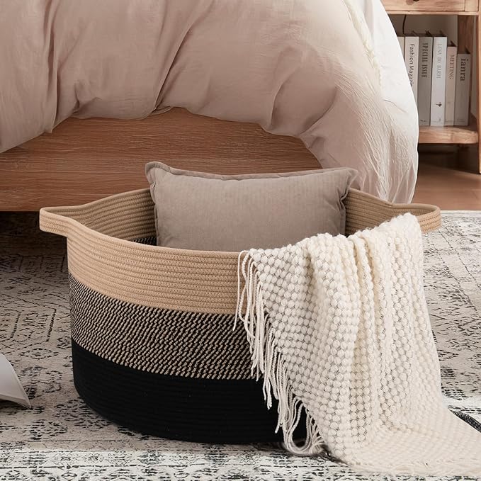 OIAHOMY 90L Blanket Basket for Living Room, Large Basket 23" x 23" x 13" with Handle, Laundry Hamper for Blankets, Pillows, Toy Storage for Kids, Dogs - Yellow and Black