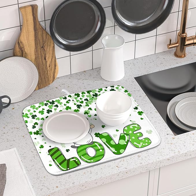 St Patrick's Day Gnomes Love Dish Drying Mat for Kitchen Counter,Green Shamrock Clovers Drying Mat 16 x 18 Inch with High Absorbent Microfiber Drainer Mat for Coffee Bar