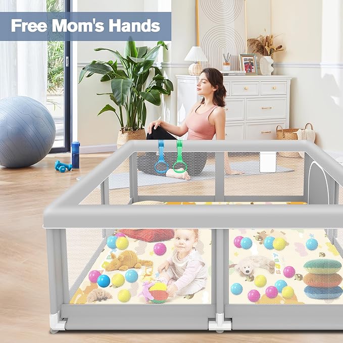 Baby Playpen with Mat, 50 x 50 inch, PlayPen for Babies and Toddlers, Sturdy Safety Play Pen with Soft Breathable Mesh (Ball and Pull Rings Included)