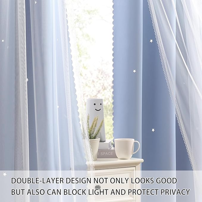 XiDi Sky Blue Blackout Curtains with Sheer Overlay Mix and Match Double Layer Thermal Insulated Window Panels 90 inch for Living Room Bedroom Blue Drapes with Tiebacks Grommet Top 34" Wx90 Lx2