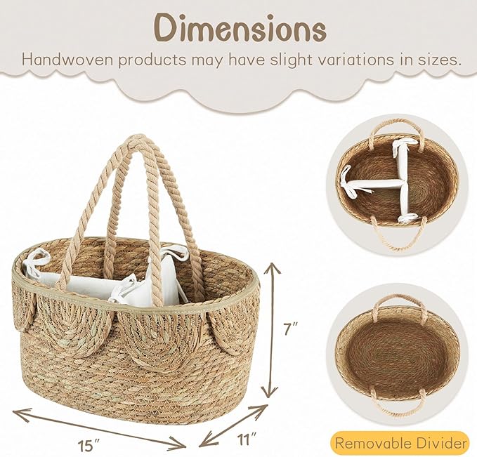 FairyHaus Diaper Caddy Organizer, Portable Natural Wicker Diaper Caddy with Rope Handles and Cotton Divider, Handwoven Seagrass Diaper Caddy Basket with Scalloped Edge for Nursery Picnic